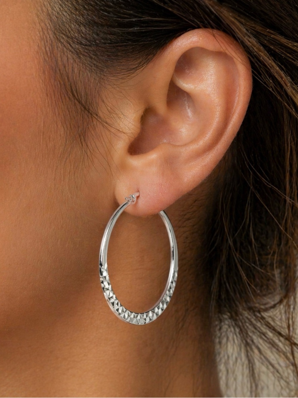 Essentials Silver Hoop Earrings Textured 1.5” Click Top Classic